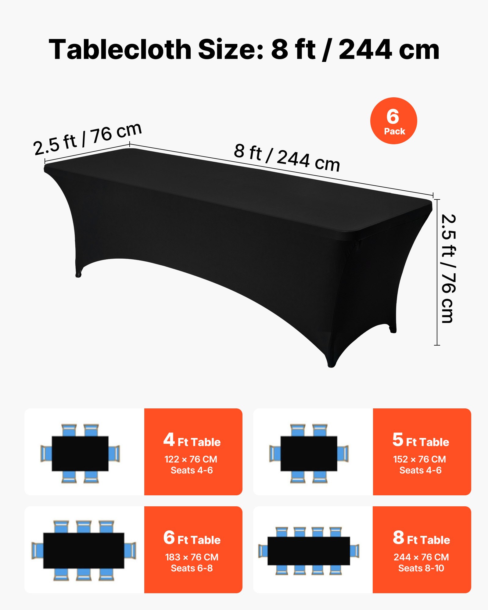 VEVOR 6 x Stretch Spandex Tafelkleed (Rechthoekig) Geschikt voor 244 cm Tafels, Wasbare Kreukvrije Tafelkleedbeschermer, Tafelkleed voor Feesten, Bruiloften, Banketten, Festivals, Zwart