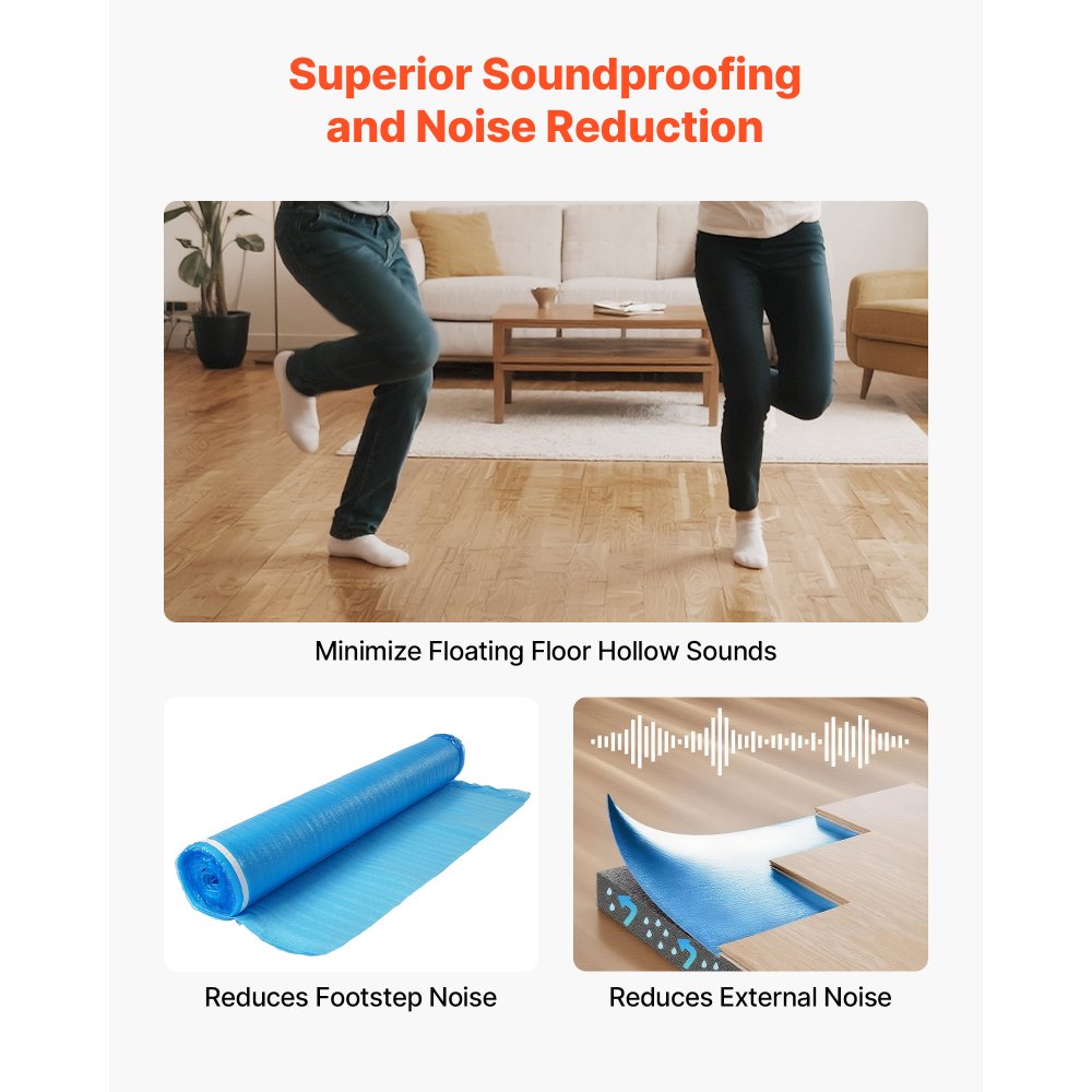 VEVOR Floor Underlayment 55.8 m², 3-in-1 2 mm Thick Flooring Padding with Tape & Vapor Barrier, Heavy Duty EPE Foam with Blue PE, Soundproofing & Noise Reduction, for Laminate Wood (6 Rolls x 9.3 m²)