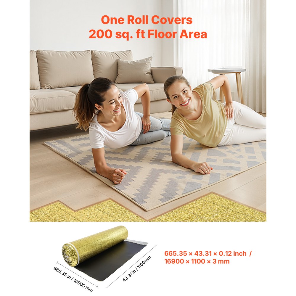 VEVOR Floor Underlayment 18.6 m²/Roll, 3 mm Thick Flooring Padding with Tape & Vapor Barrier, Heavy Duty EPE Foam with Gold PE, Soundproofing and Noise Reduction, Ideal for Laminate Wood Floors