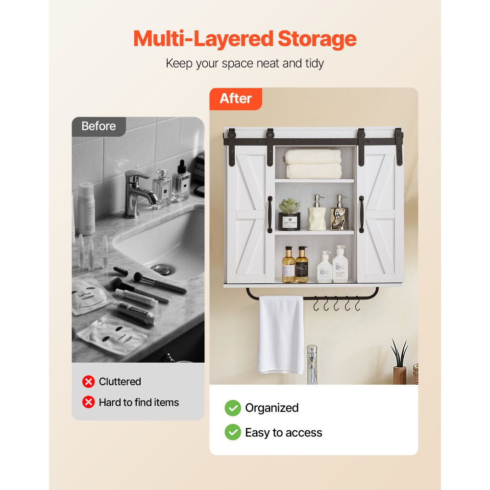 VEVOR Badkamer Wandkast Medicijnkast met 2 Schuifdeuren & Verstelbare Planken, Opbergkast Hangkast met Open Verdeler / Handdoekrek / Haken voor Keuken, Toilet