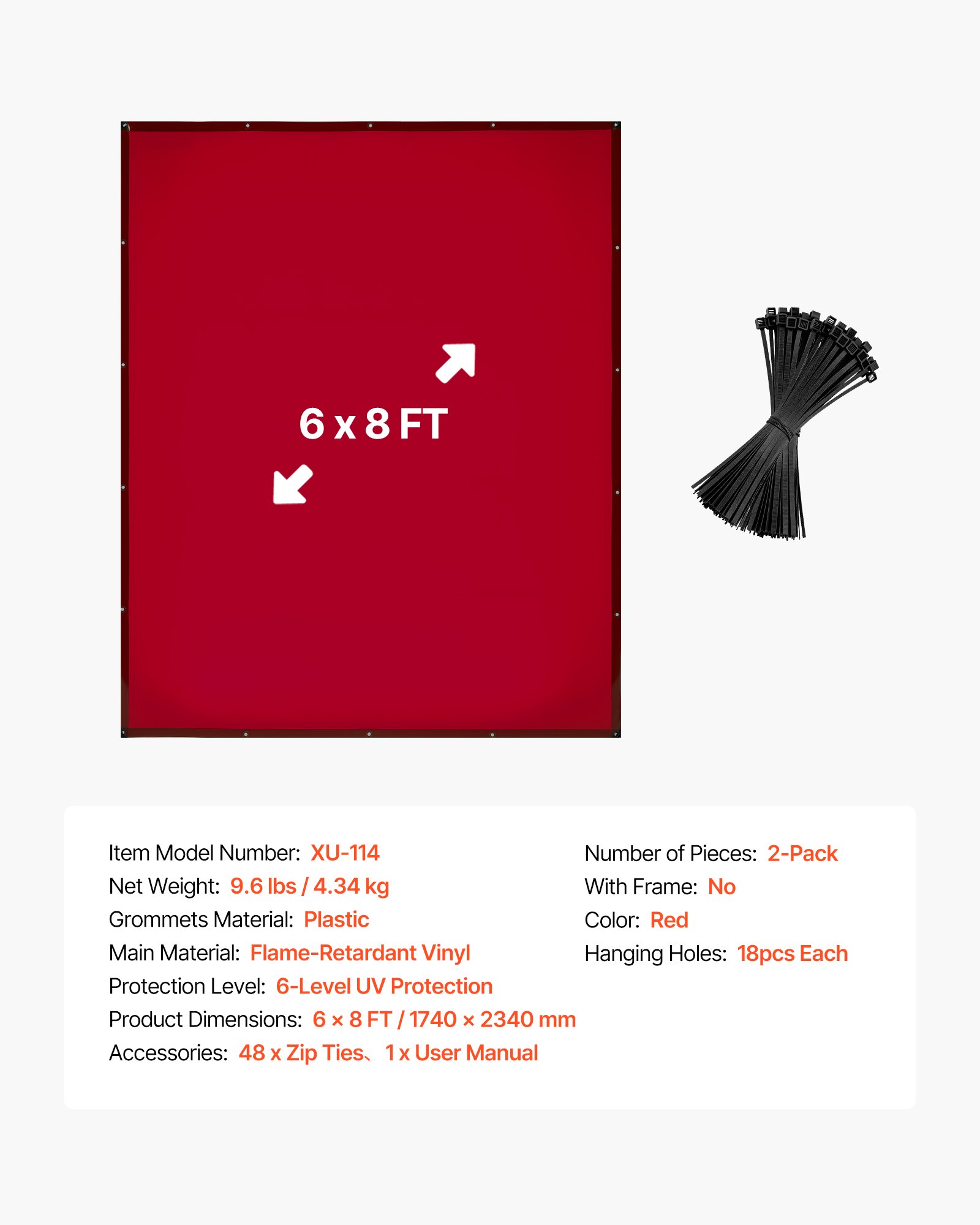 VEVOR 2-componenten lasgordijn, 1740x2340 mm lasscherm, vlamvertragende vinyl lasscherm met 6-voudige UV-bescherming voor werkplaats/industrieel gebruik, rood (zonder frame)
