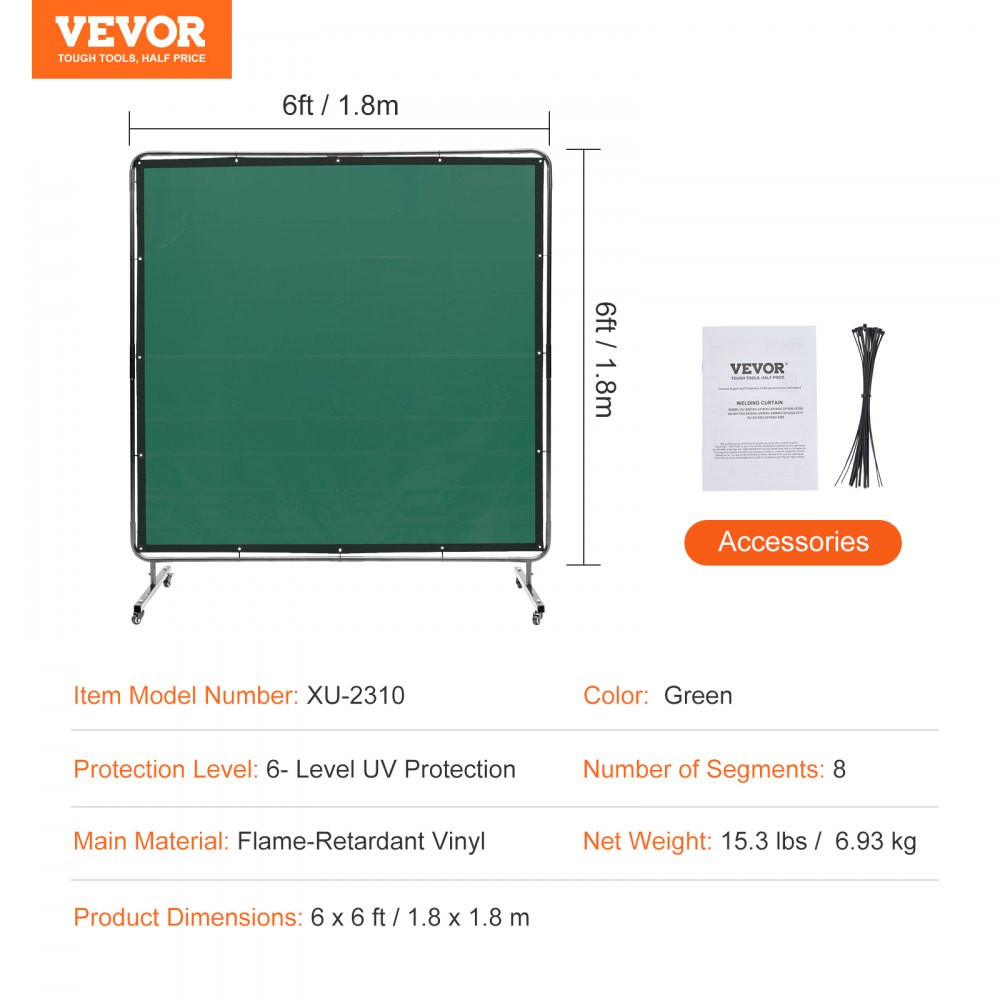 VEVOR Lasgordijn 1,8 x 1,8 m Vlamvertragend vinyl lasscherm met 4 zwenkwielen en 6-niveau UV-bescherming Lasdeken Lasbescherming Groen