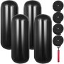 VEVOR boat fenders set: four black fenders, four ropes, one red air pump.