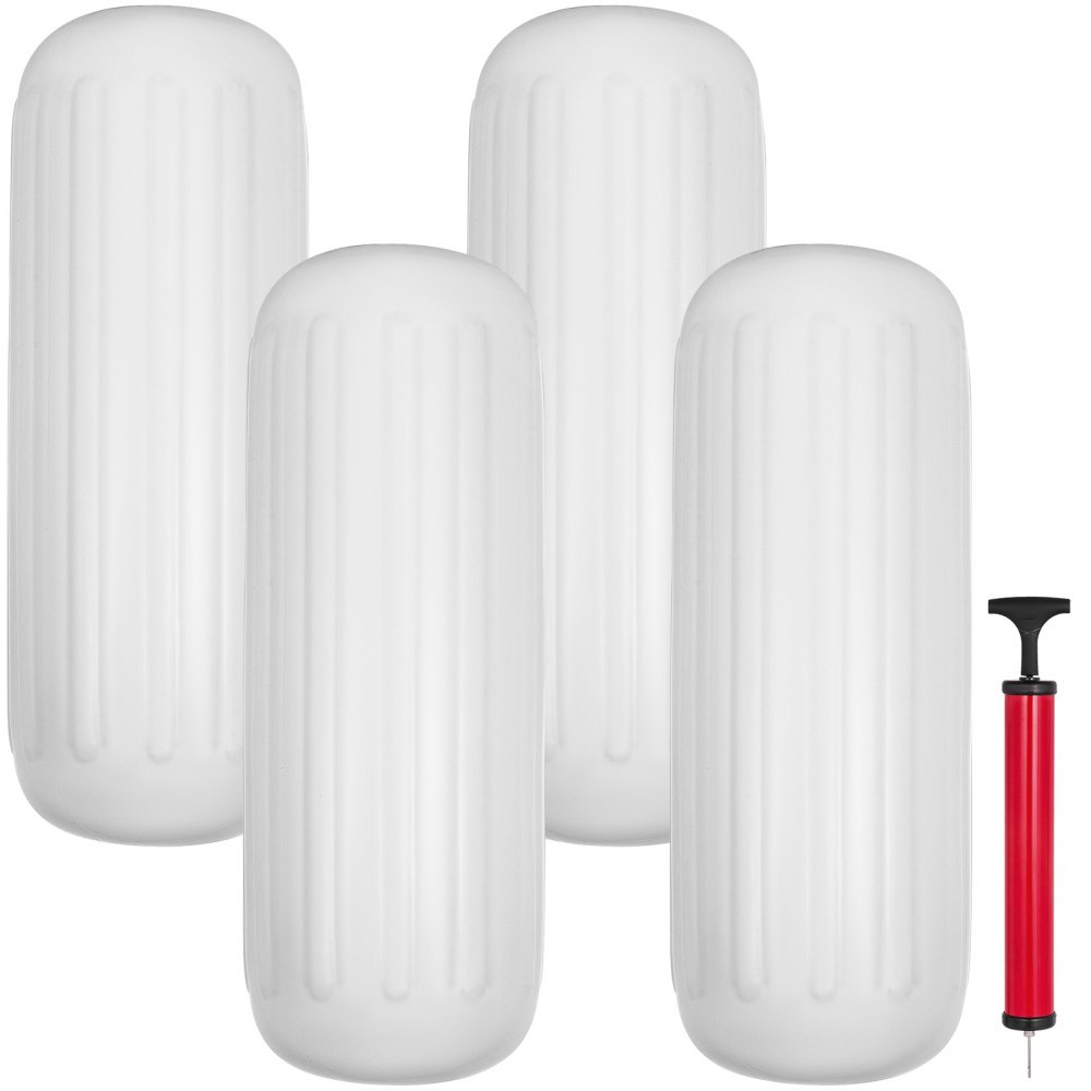 four white VEVOR boat fenders with a red hand pump included.