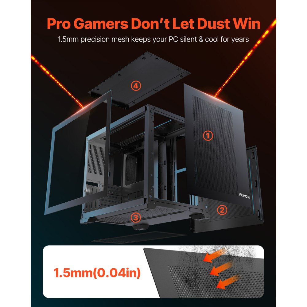 VEVOR Mid-Tower PC-behuizing, twee kamers, met gehard glazen panelen, magnetisch stoffilter, kabelbeheer, voor GPU's tot 410 mm lang, compatibel met ATX/M-ATX/ITX, geen ventilator