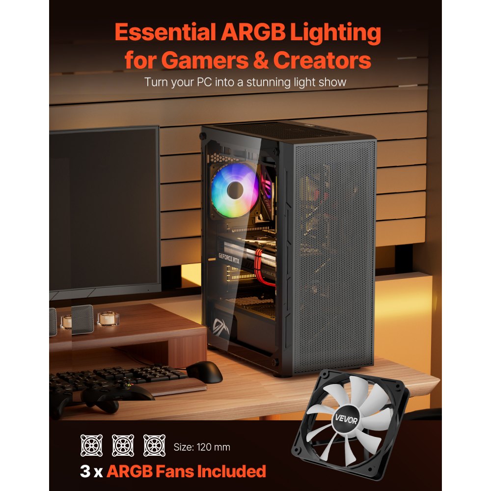 VEVOR PC Gaming-behuizing, mid-tower, gehard glazen paneel met hoge luchtstroom, stoffilter, 3x 120 mm ARGB-ventilatoren, kabelbeheer, voor GPU's tot 320 mm lang, voor ATX/M-ATX/ITX