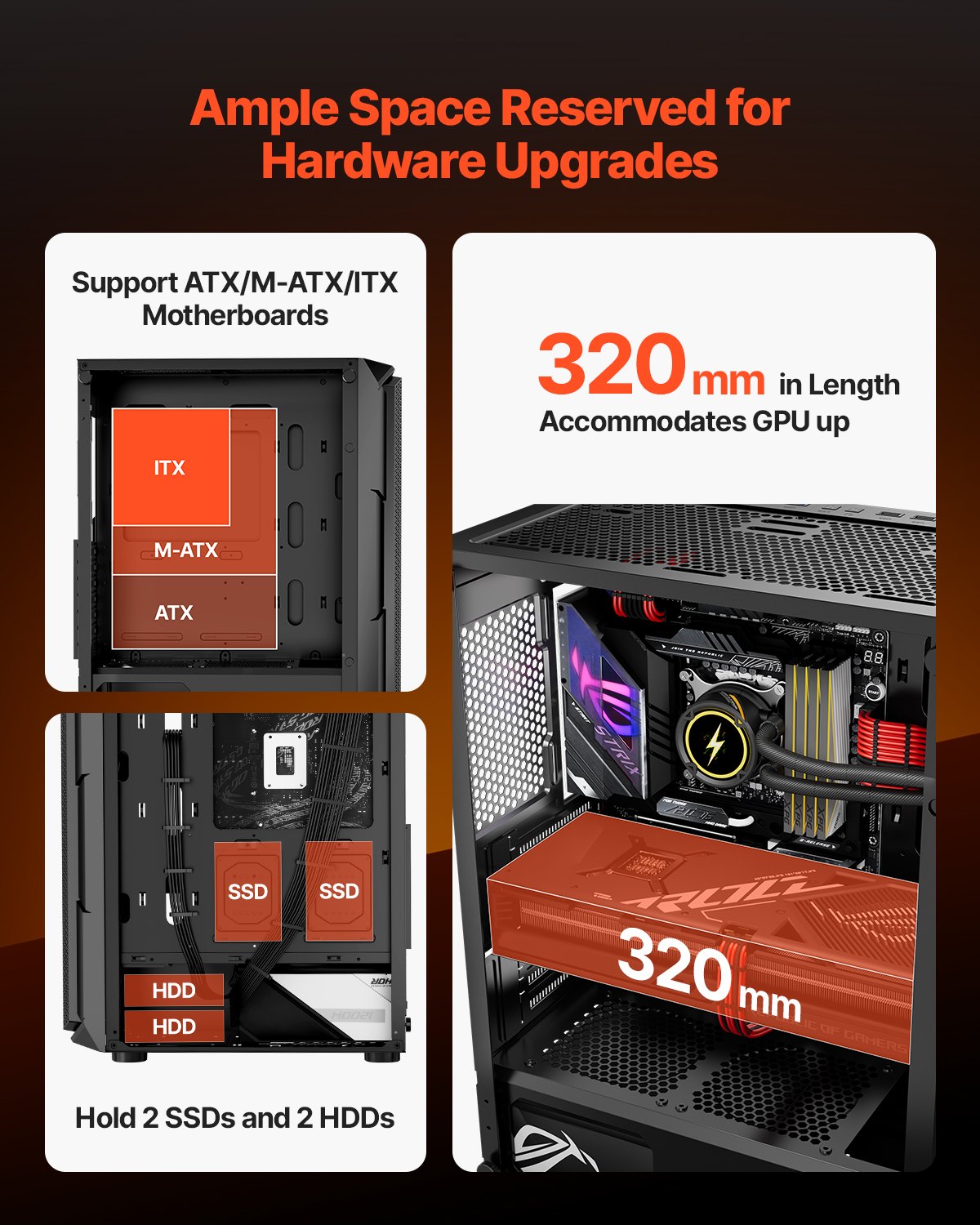 VEVOR PC Gaming-behuizing, mid-tower, gehard glazen paneel met hoge luchtstroom, stoffilter, 4x 120 mm ARGB-ventilatoren, kabelbeheer, voor GPU's tot 320 mm lang, voor ATX/M-ATX/ITX