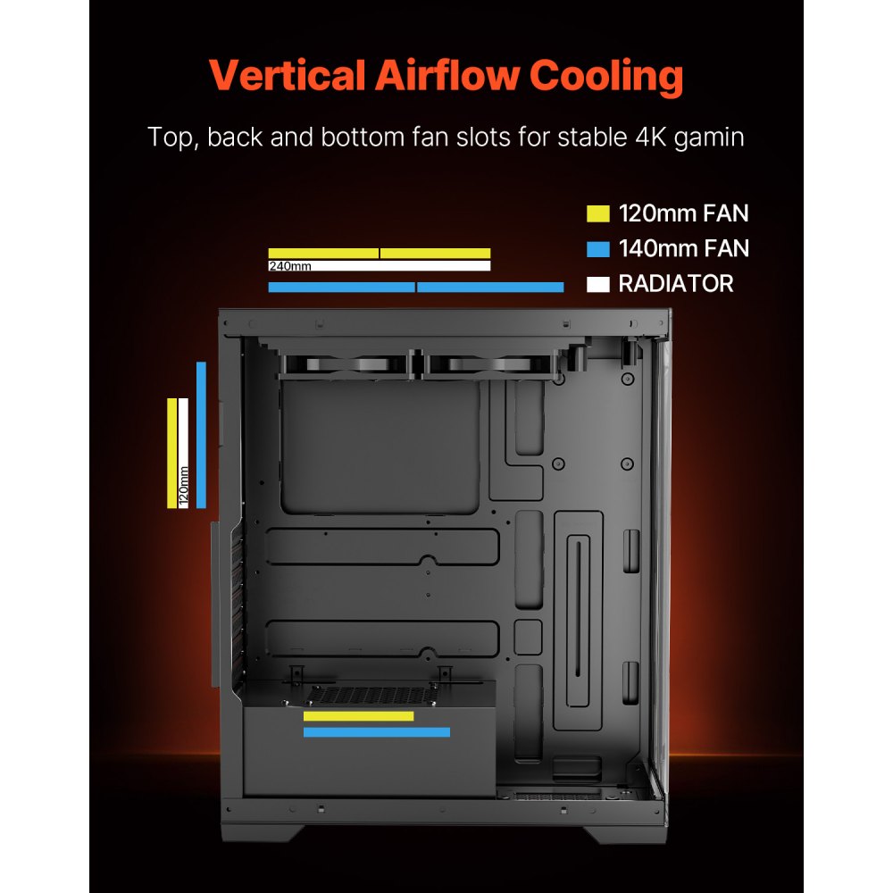 VEVOR PC Gaming-behuizing, mid-tower, gehard glazen paneel met hoge luchtstroom, stoffilter, 2x 120 mm ventilatoren, kabelbeheer, voor GPU's tot 360 mm lang, compatibel met ATX/M-ATX/ITX