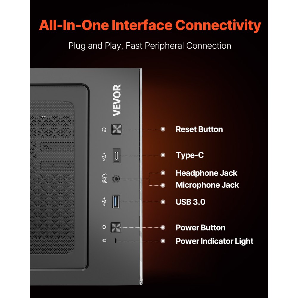 VEVOR PC Gaming-behuizing, mid-tower, gehard glazen paneel met hoge luchtstroom, stoffilter, 2x 120 mm ventilatoren, kabelbeheer, voor GPU's tot 360 mm lang, compatibel met ATX/M-ATX/ITX