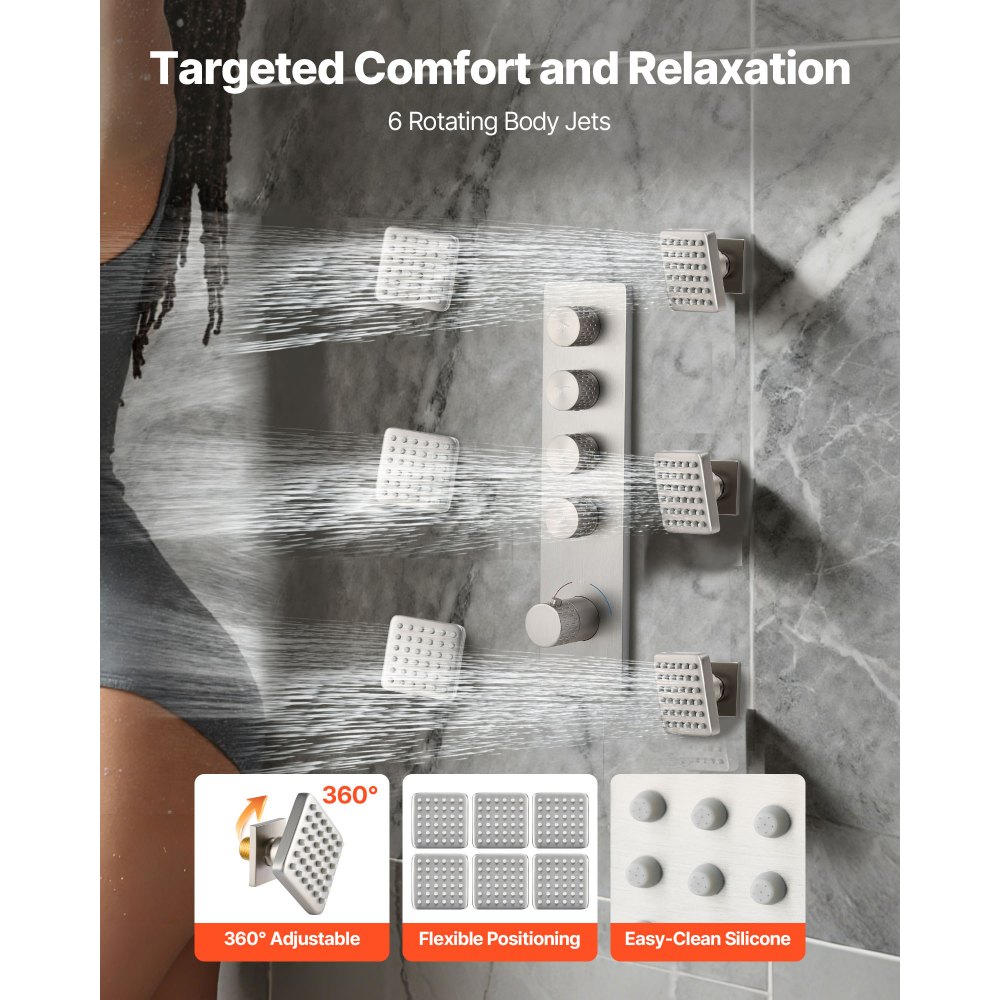 VEVOR Shower Faucet Set, 16 Inch Thermostatic Ceiling Mount Rainfall Shower System with 6 Inch Wall Mount Head, 6 Body Jets and Handheld Spray, Dual Rain Head Brass Valve and Trim Kit, Brushed Nickel