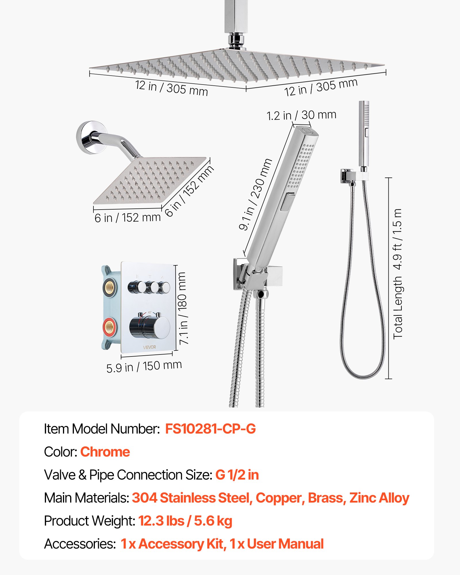 VEVOR Shower Faucet Set, 12 Inch Thermostatic Ceiling Mount Rainfall Shower System with 6 Inch Wall Mount Head and 2 in 1 Handheld Spray, 3-Function Dual Rain Head Brass Valve and Trim Kit, Chrome