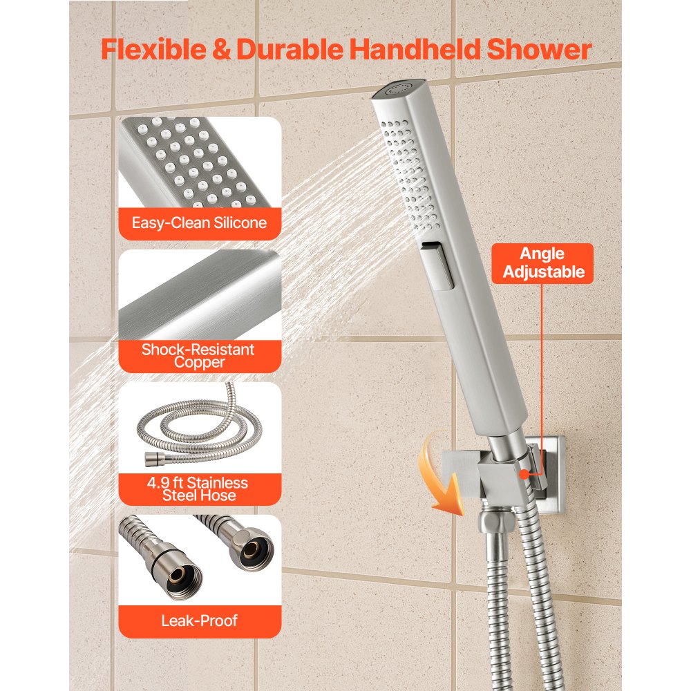 VEVOR Douchesysteemset inclusief 10 inch regendouchesysteem / 6 inch wandmontagekop / 2-in-1 handdouche, draaibare dubbele regenkop (3 functies), messing klep en afwerkingsset, geborsteld nikkel