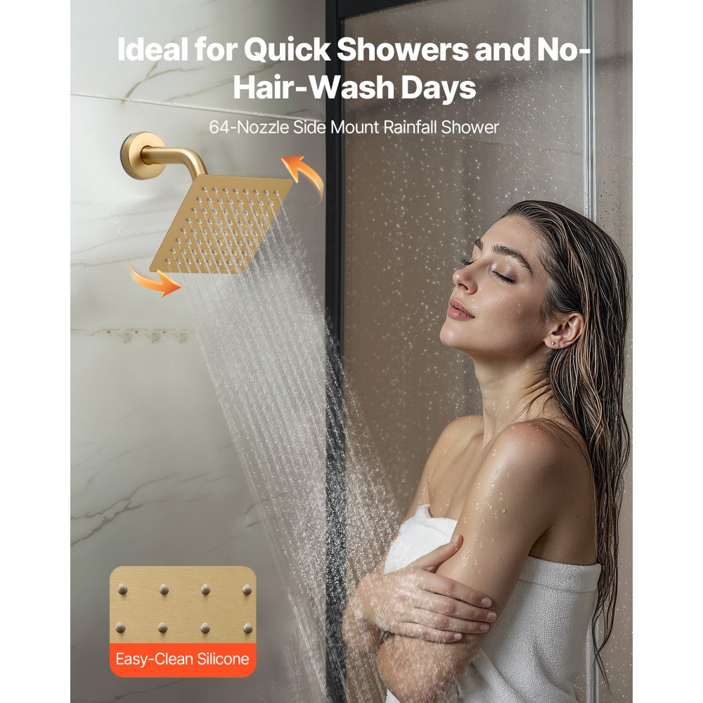 VEVOR Shower Faucet Set, 12 Inch Thermostatic Ceiling Mount Rainfall Shower System with 6 Inch Wall Mount Head and 2 in 1 Handheld Spray, 3-Function Dual Rain Head Brass Valve Trim Kit, Brushed Gold
