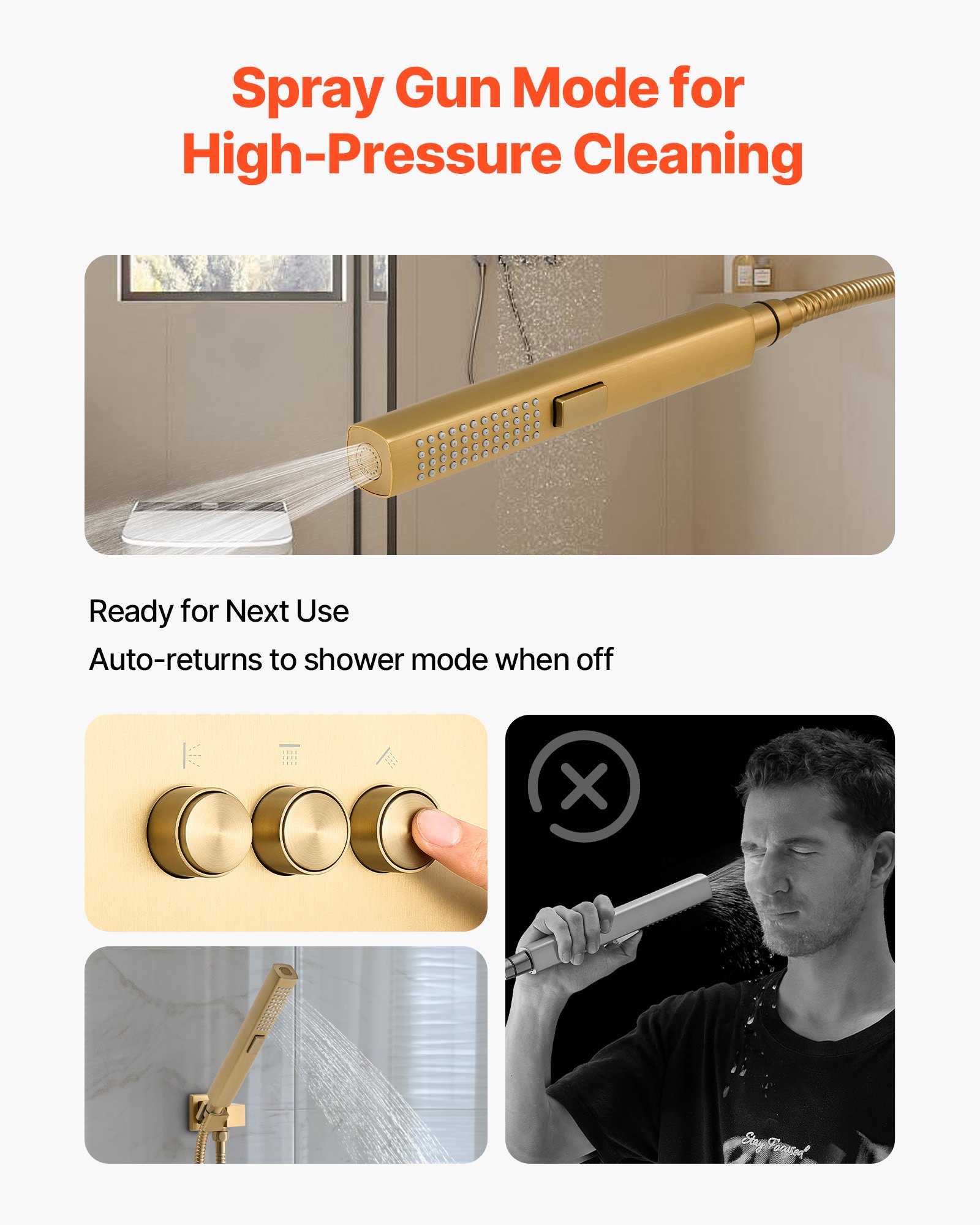 VEVOR Shower Faucet Set, 12 Inch Thermostatic Ceiling Mount Rainfall Shower System with 6 Inch Wall Mount Head and 2 in 1 Handheld Spray, 3-Function Dual Rain Head Brass Valve Trim Kit, Brushed Gold