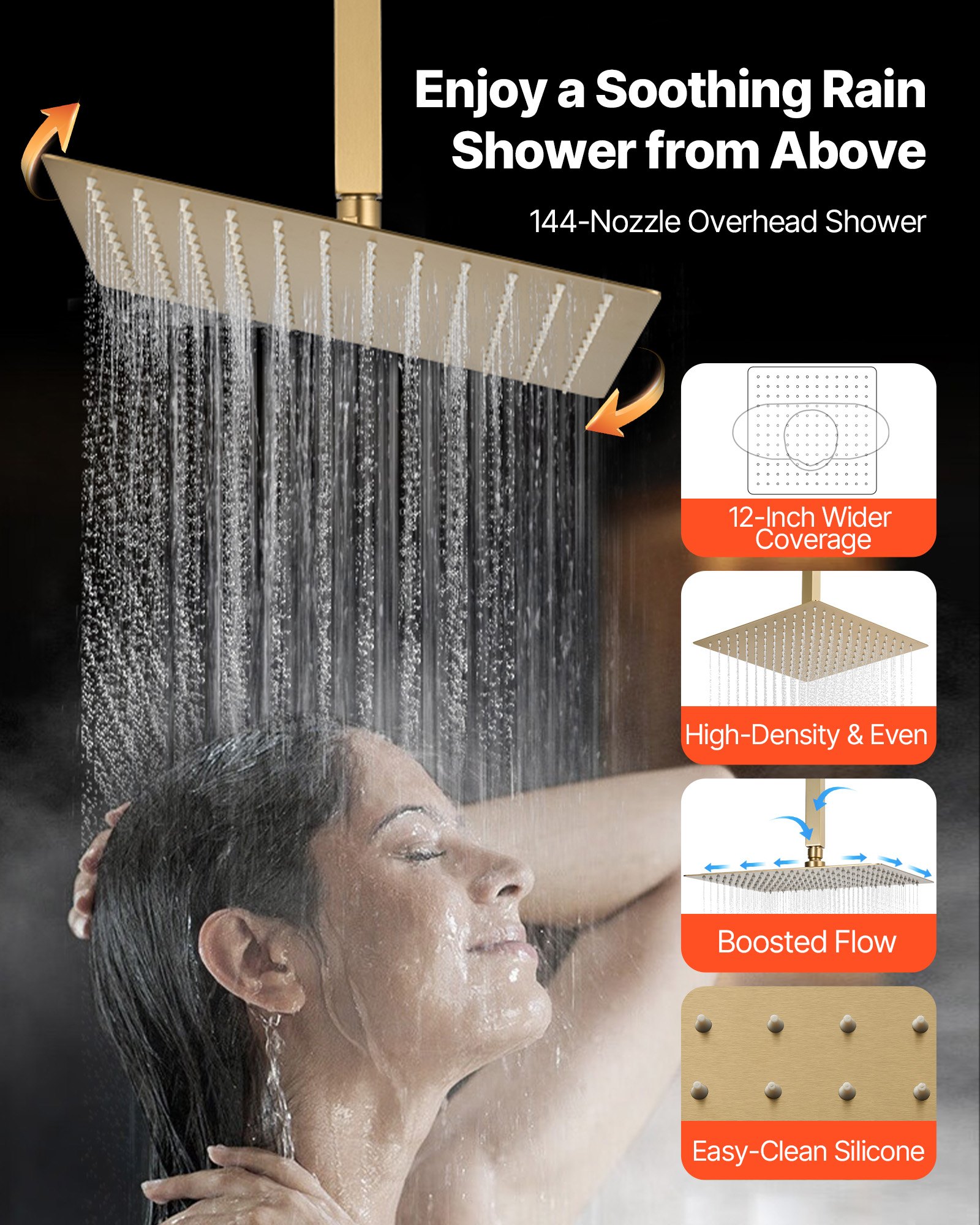 VEVOR Shower Faucet Set, 12 Inch Thermostatic Ceiling Mount Rainfall Shower System with 6 Inch Wall Mount Head and 2 in 1 Handheld Spray, 3-Function Dual Rain Head Brass Valve Trim Kit, Brushed Gold