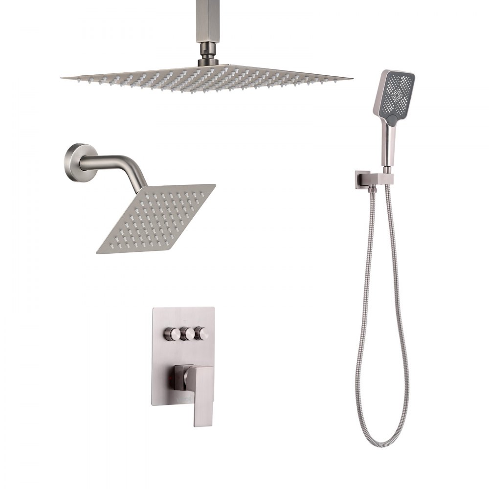 VEVOR Shower Faucet Set, 12 Inch Ceiling Mount Rainfall Shower System with 6 Inch Wall Mount Head and 4 in 1 Handheld Spray, Rotatable 3-Function Dual Rain Head Brass Valve & Trim Kit, Brushed Nickel