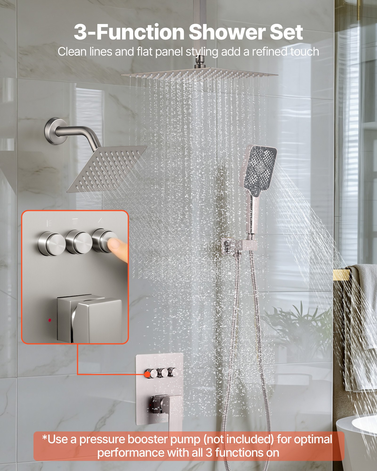 VEVOR Shower Faucet Set, 12 Inch Ceiling Mount Rainfall Shower System with 6 Inch Wall Mount Head and 4 in 1 Handheld Spray, Rotatable 3-Function Dual Rain Head Brass Valve & Trim Kit, Brushed Nickel