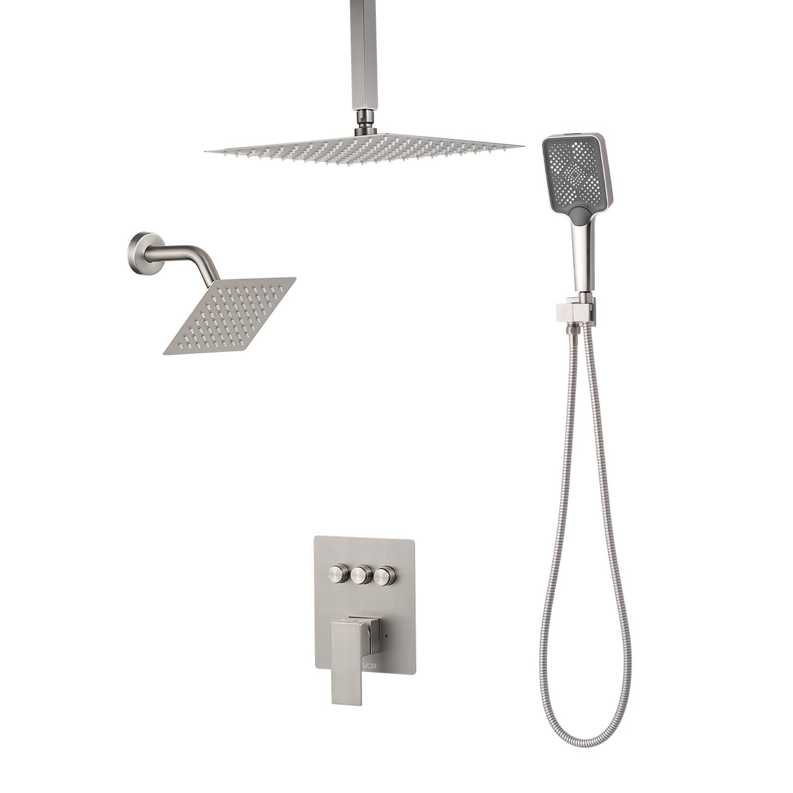 VEVOR Shower Faucet Set, 12 Inch Ceiling Mount Rainfall Shower System with 6 Inch Wall Mount Head and 4 in 1 Handheld Spray, Rotatable 3-Function Dual Rain Head Brass Valve & Trim Kit, Brushed Nickel