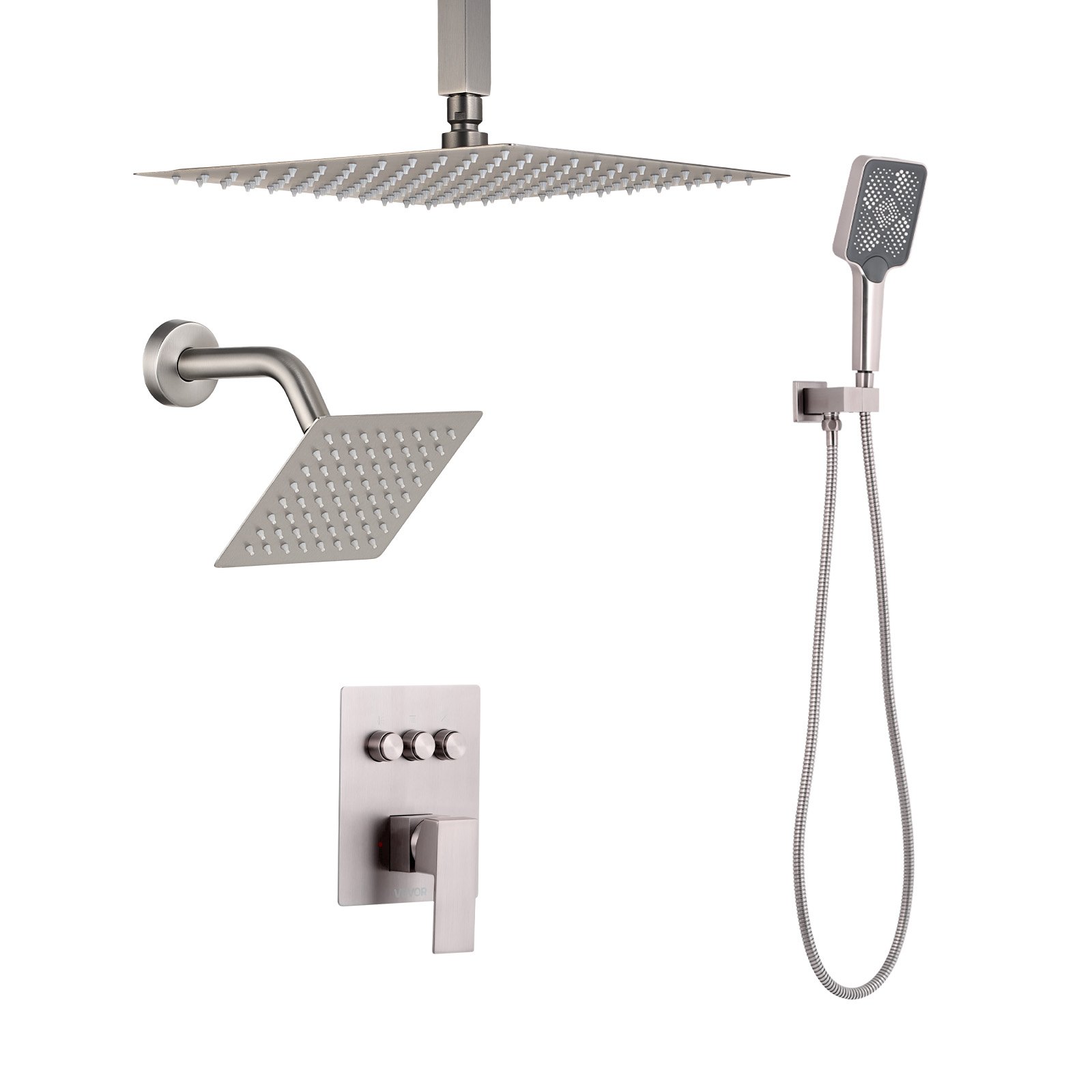 VEVOR Shower Faucet Set, 12 Inch Ceiling Mount Rainfall Shower System with 6 Inch Wall Mount Head and 4 in 1 Handheld Spray, Rotatable 3-Function Dual Rain Head Brass Valve & Trim Kit, Brushed Nickel