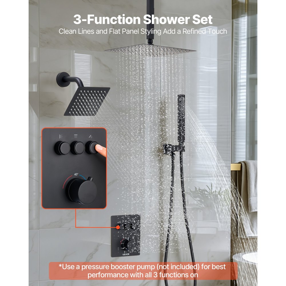 VEVOR Shower Faucet Set, 12 Inch Thermostatic Ceiling Mount Rainfall Shower System with 6 Inch Wall Mount Head and 2 in 1 Handheld Spray, 3-Function Dual Rain Head Brass Valve & Trim Kit, Matte Black