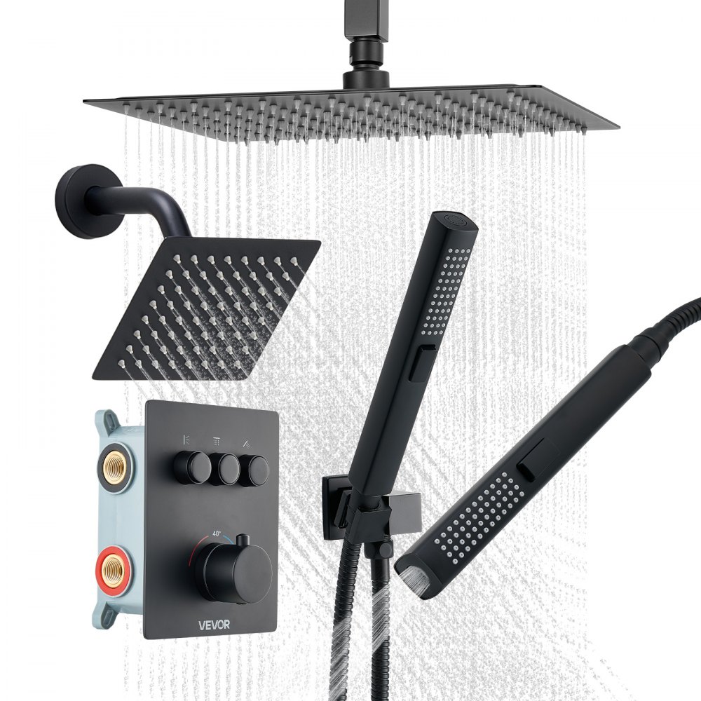 VEVOR Shower Faucet Set, 12 Inch Thermostatic Ceiling Mount Rainfall Shower System with 6 Inch Wall Mount Head and 2 in 1 Handheld Spray, 3-Function Dual Rain Head Brass Valve & Trim Kit, Matte Black