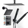 VEVOR Shower Faucet Set, 12 Inch Thermostatic Ceiling Mount Rainfall Shower System with 6 Inch Wall Mount Head and 2 in 1 Handheld Spray, 3-Function Dual Rain Head Brass Valve & Trim Kit, Matte Black