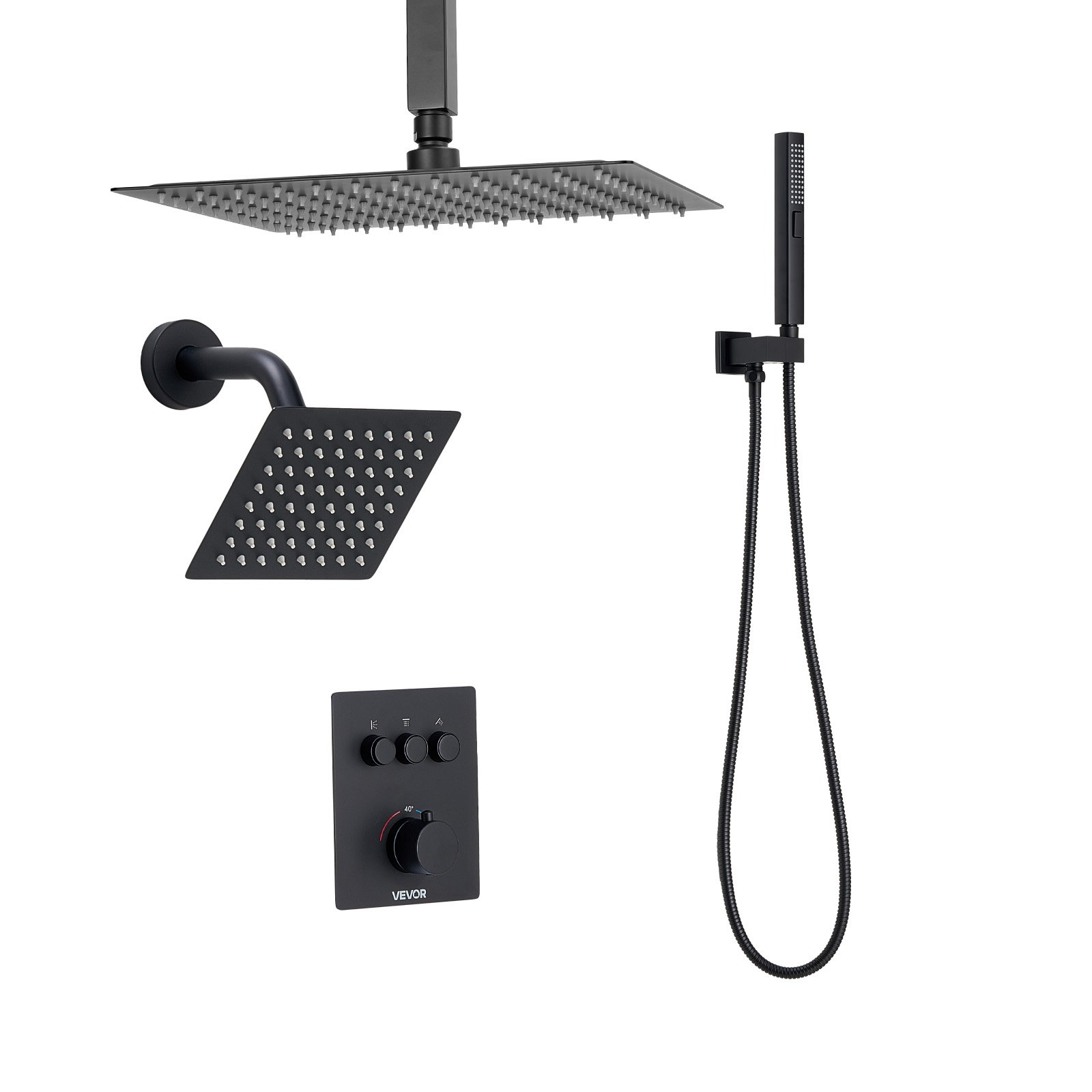 VEVOR Shower Faucet Set, 12 Inch Thermostatic Ceiling Mount Rainfall Shower System with 6 Inch Wall Mount Head and 2 in 1 Handheld Spray, 3-Function Dual Rain Head Brass Valve & Trim Kit, Matte Black