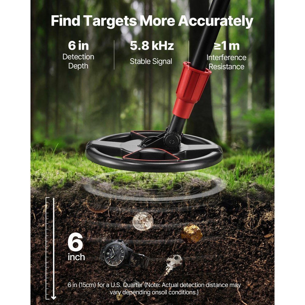 VEVOR Metal Detector, 6", Lightweight Metal Detector with LCD Display, IP68 Waterproof Search Coil, Adjustable 22.8"-33.8" High Accuracy Gold Detector, Easy to Use, for Detecting Gold Treasure Hunting