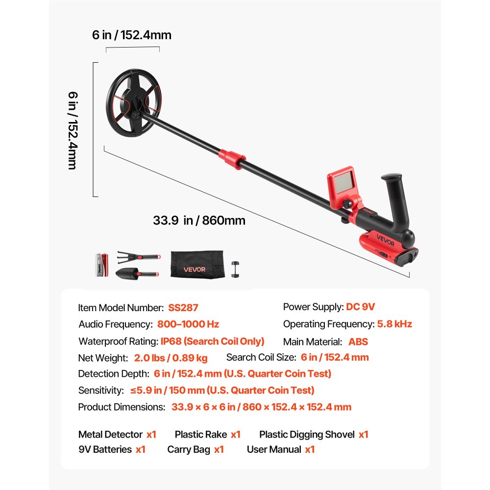 VEVOR Metal Detector, 6", Lightweight Metal Detector with LCD Display, IP68 Waterproof Search Coil, Adjustable 22.8"-33.8" High Accuracy Gold Detector, Easy to Use, for Detecting Gold Treasure Hunting