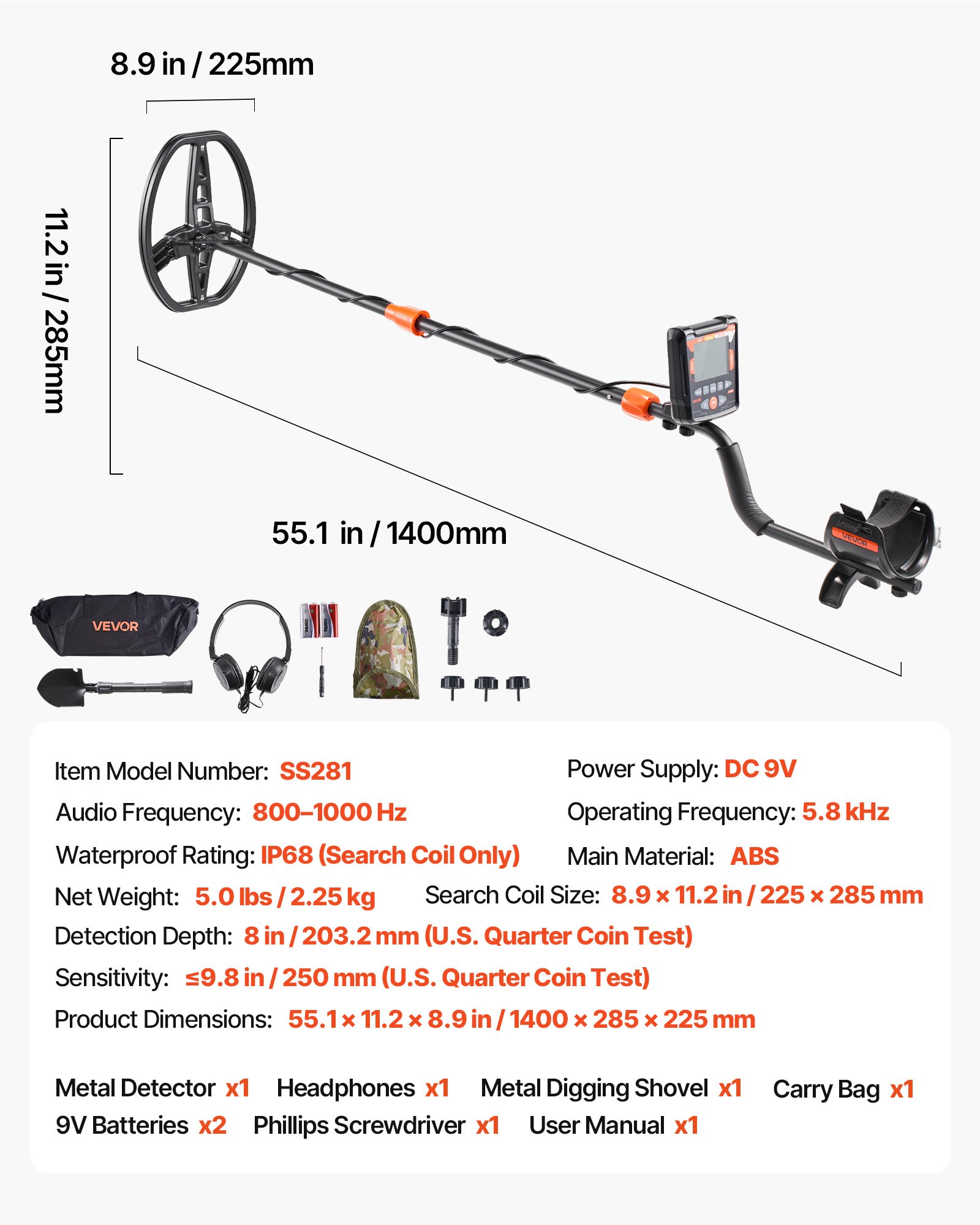VEVOR Metaaldetector voor volwassenen 254 mm, professionele metaaldetector met 5 standen, zeer nauwkeurige gouddetector, IP68 waterdichte zoekspoel met display, hoofdtelefoon, verstelbare lengte, voor goudzoeken