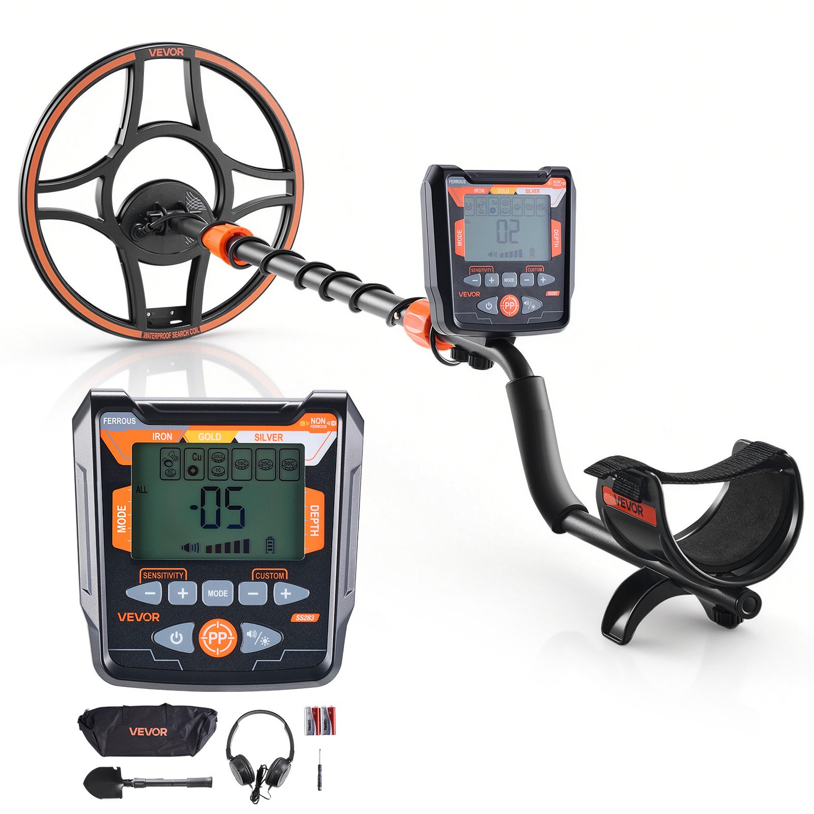 VEVOR Metaaldetector voor volwassenen, 304,8 mm, Professionele metaaldetector met 6 standen, Gouddetector, IP68 waterdichte zoekspoel met display, Hoofdtelefoon, Verstelbare lengte, voor het zoeken naar goud en schatten