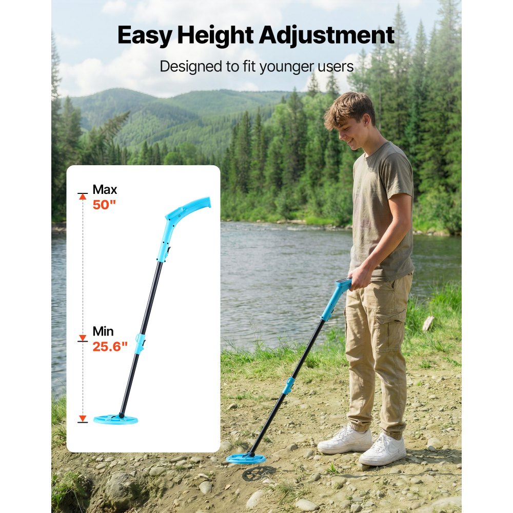 VEVOR Metal Detector, 4", Lightweight Metal Detector with LCD Display, 6" IP68 Waterproof Search Coil, Adjustable 25.6"-36.6" High Accuracy Gold Detector, Easy to Use, for Detecting Gold Exploration
