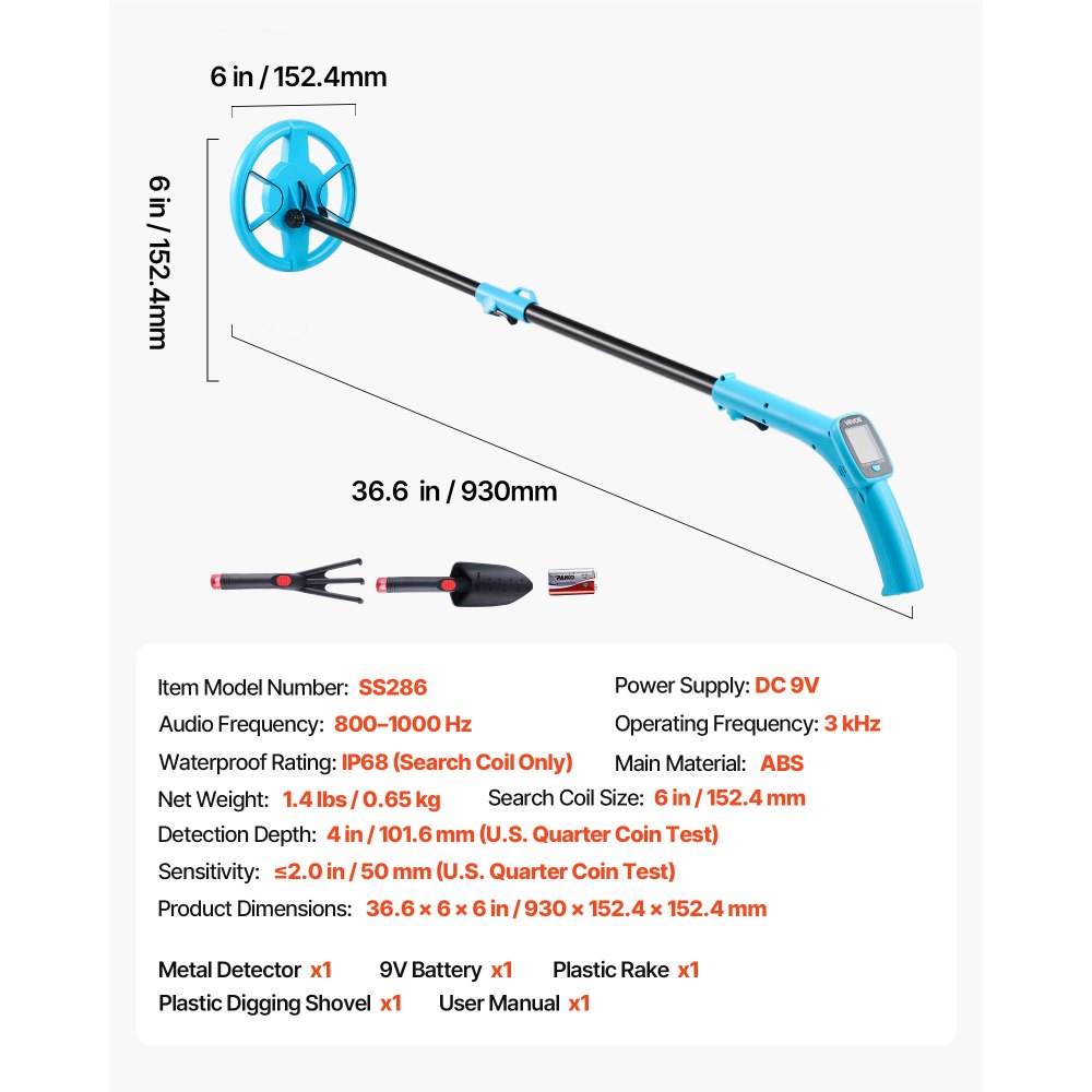 VEVOR Metal Detector, 4", Lightweight Metal Detector with LCD Display, 6" IP68 Waterproof Search Coil, Adjustable 25.6"-36.6" High Accuracy Gold Detector, Easy to Use, for Detecting Gold Exploration