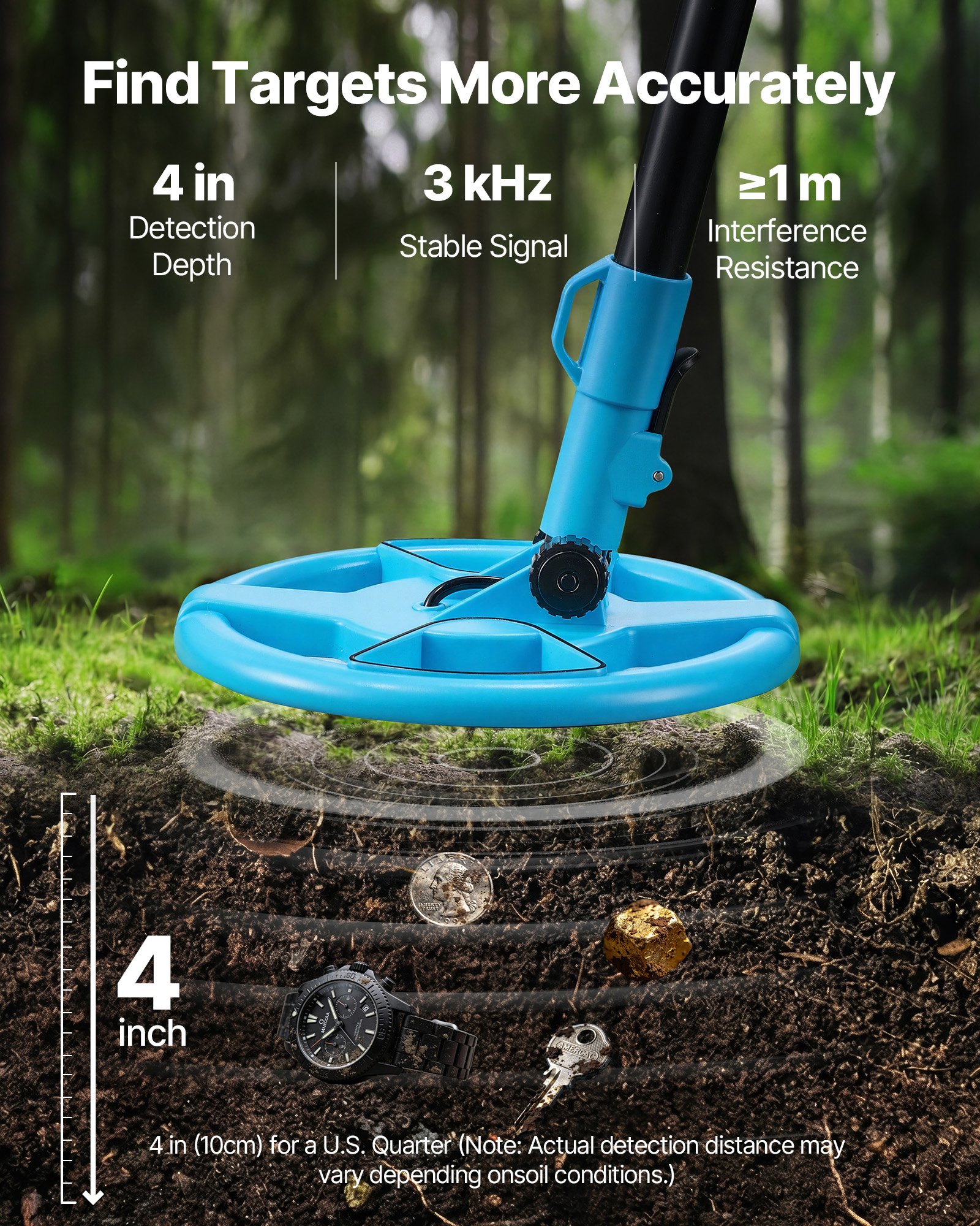 VEVOR Metal Detector, 4", Lightweight Metal Detector with LCD Display, 6" IP68 Waterproof Search Coil, Adjustable 25.6"-36.6" High Accuracy Gold Detector, Easy to Use, for Detecting Gold Exploration