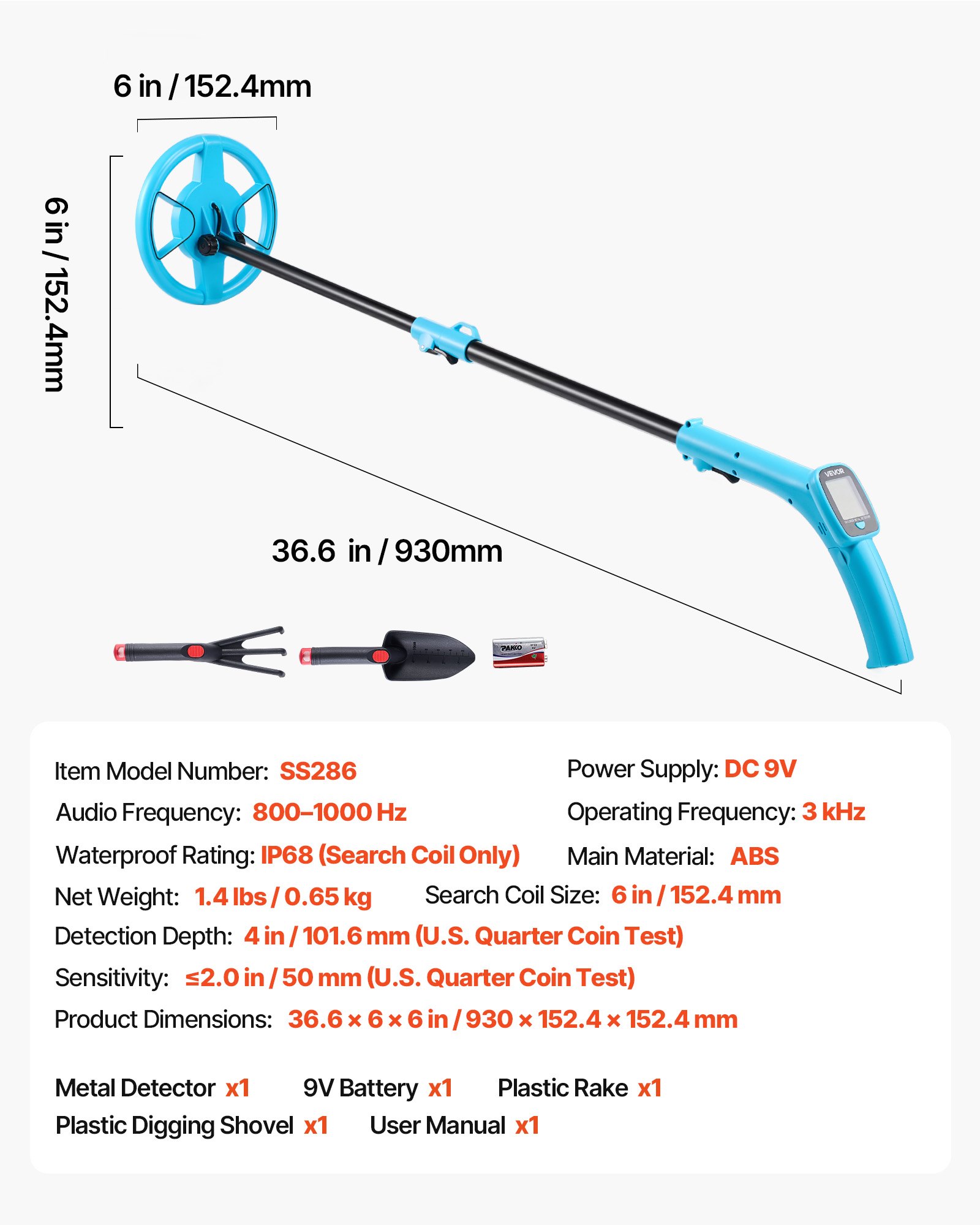 VEVOR Metal Detector, 4", Lightweight Metal Detector with LCD Display, 6" IP68 Waterproof Search Coil, Adjustable 25.6"-36.6" High Accuracy Gold Detector, Easy to Use, for Detecting Gold Exploration