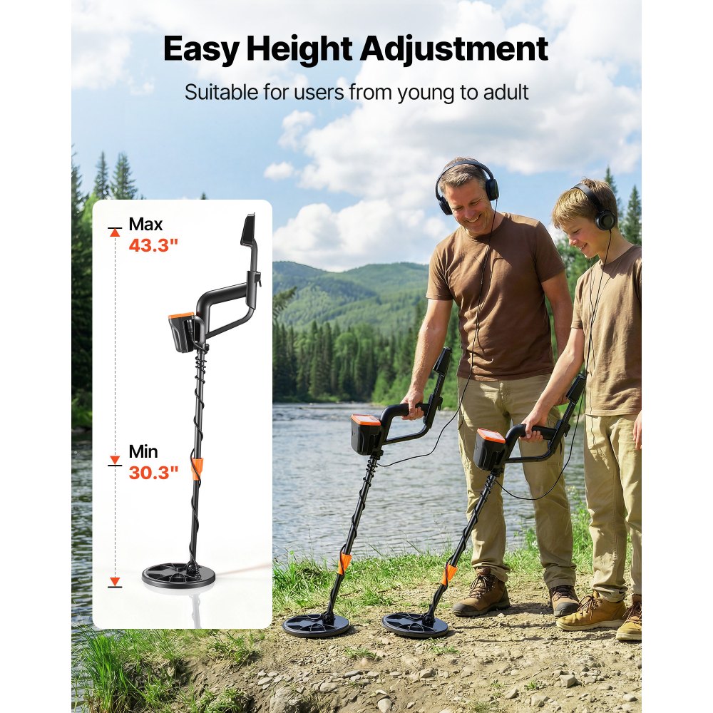 VEVOR Metal Detector for Adults, 8", Professional High Accuracy Gold Detector, IP68 Waterproof Search Coil with Display, Headphones, 3 Modes, Adjustable Length, for Detecting Gold Treasure Hunting