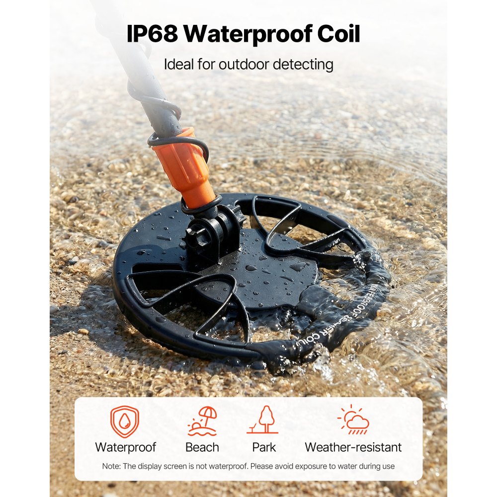 VEVOR Metal Detector for Adults, 8", Professional High Accuracy Gold Detector, IP68 Waterproof Search Coil with Display, Headphones, 3 Modes, Adjustable Length, for Detecting Gold Treasure Hunting
