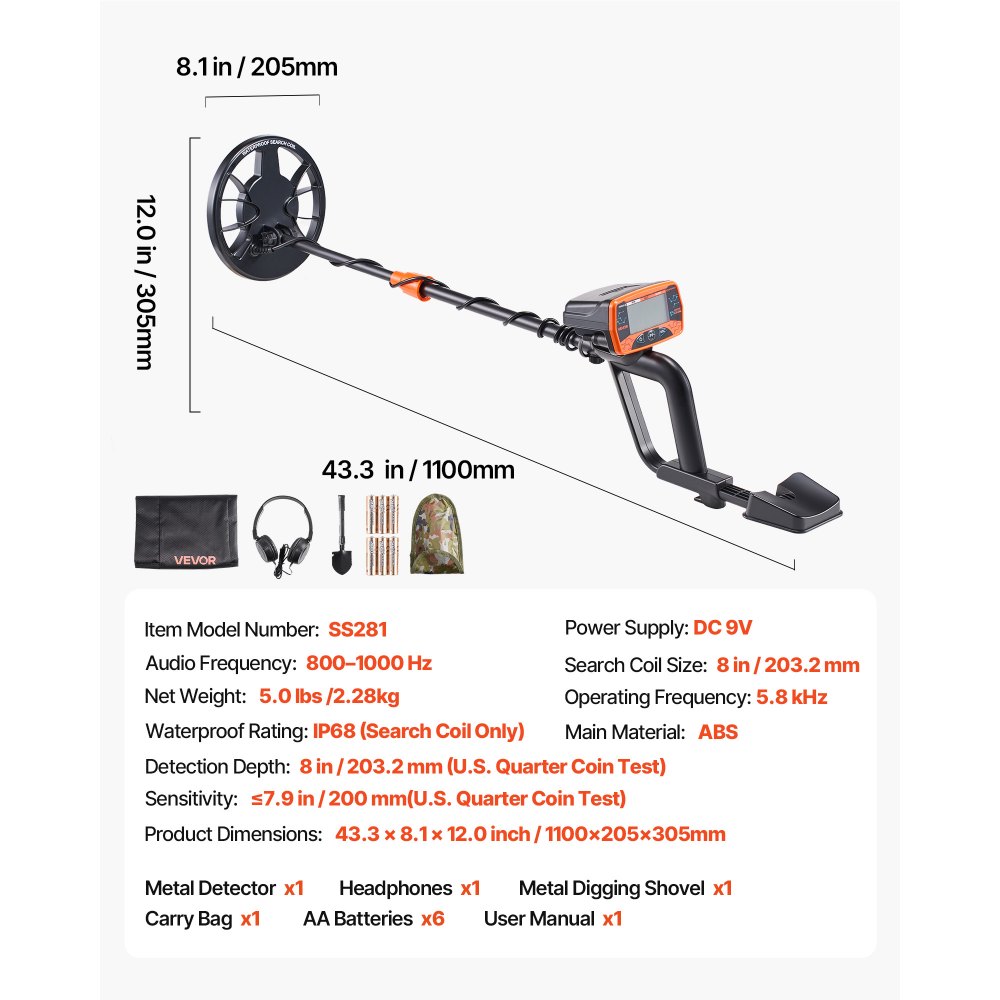 VEVOR Metal Detector for Adults, 8", Professional High Accuracy Gold Detector, IP68 Waterproof Search Coil with Display, Headphones, 3 Modes, Adjustable Length, for Detecting Gold Treasure Hunting