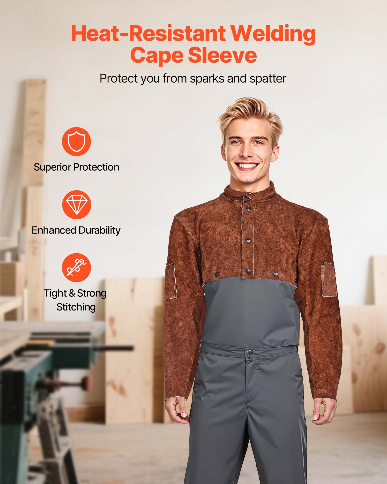 VEVOR Leather Welding Cape Sleeve, Heavy Duty Flame Resistant Cowhide Safety Cape Sleeves for Men Women, Heat-Resistant for Welding, Blacksmithing, Woodworking, Gardening, M-Size