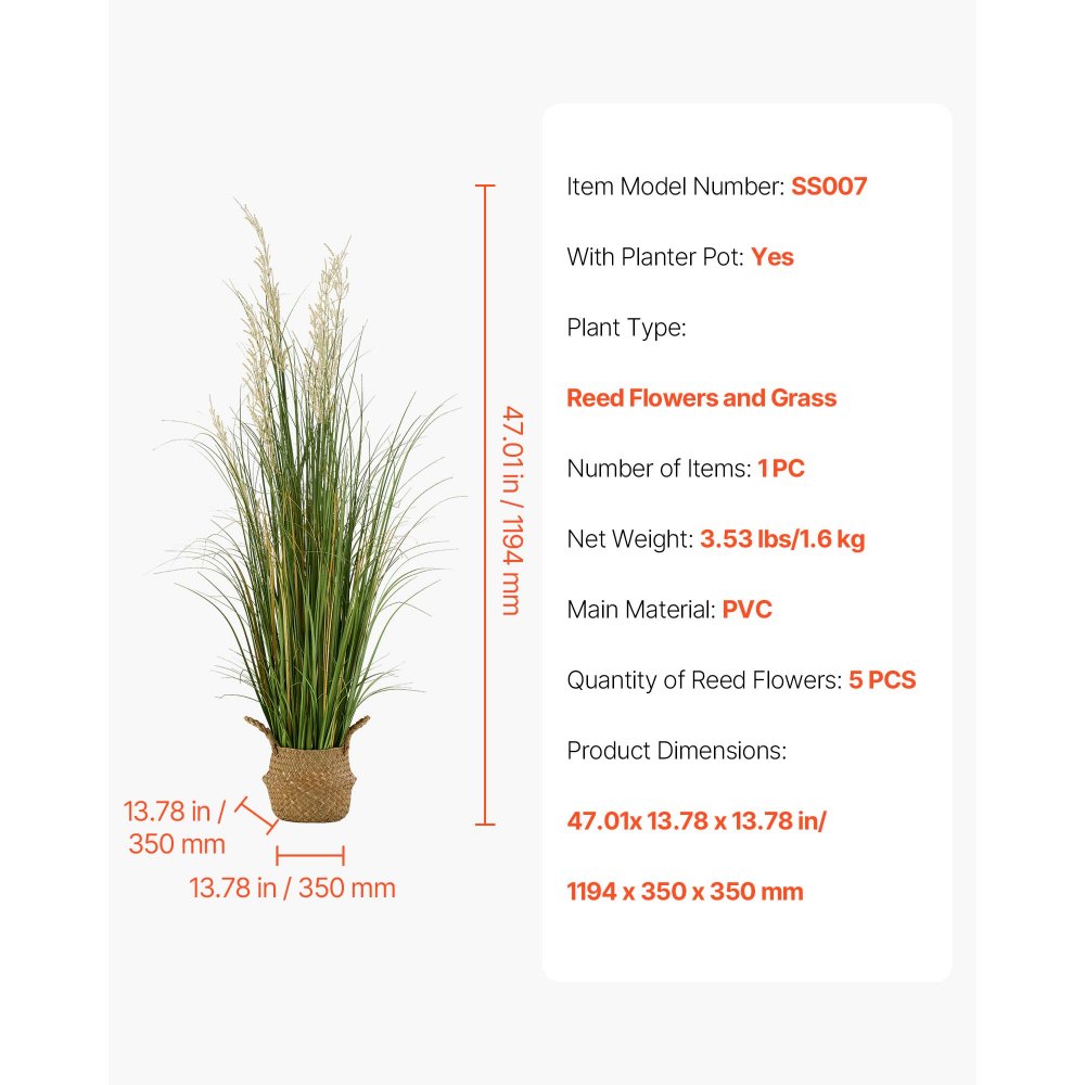 VEVOR Artificial Grass Plant, 1194mm Reed Flower Grass in Pot, Premium PVC Faux Fake Greenery Shrubs Plant for Indoor Outdoor House Home Garden Office Room Décor, Housewarming, 1 Pack Green