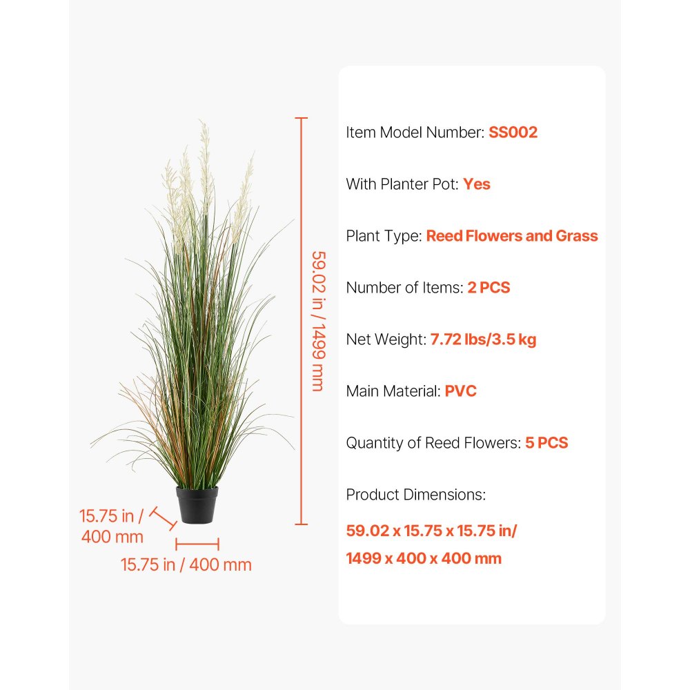 VEVOR Kunstgras Plant, 2-Pack, 1499 mm, Kunstrietgras in Pot, PVC Kunstplant, Grasstruik, Struiken voor Binnen & Buiten, Huis, Tuin, Kantoor, Kamerdecoratie, Housewarming Party, Groen