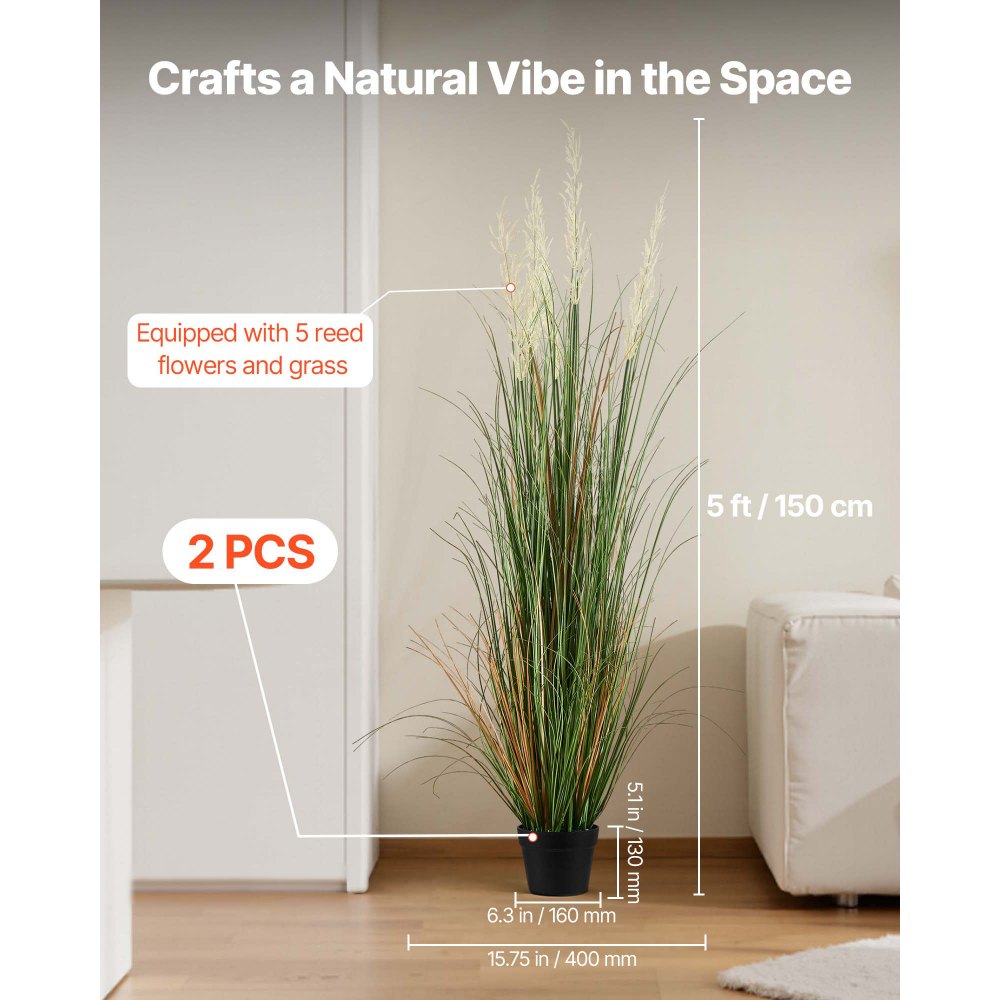 VEVOR Kunstgras Plant, 2-Pack, 1499 mm, Kunstrietgras in Pot, PVC Kunstplant, Grasstruik, Struiken voor Binnen & Buiten, Huis, Tuin, Kantoor, Kamerdecoratie, Housewarming Party, Groen