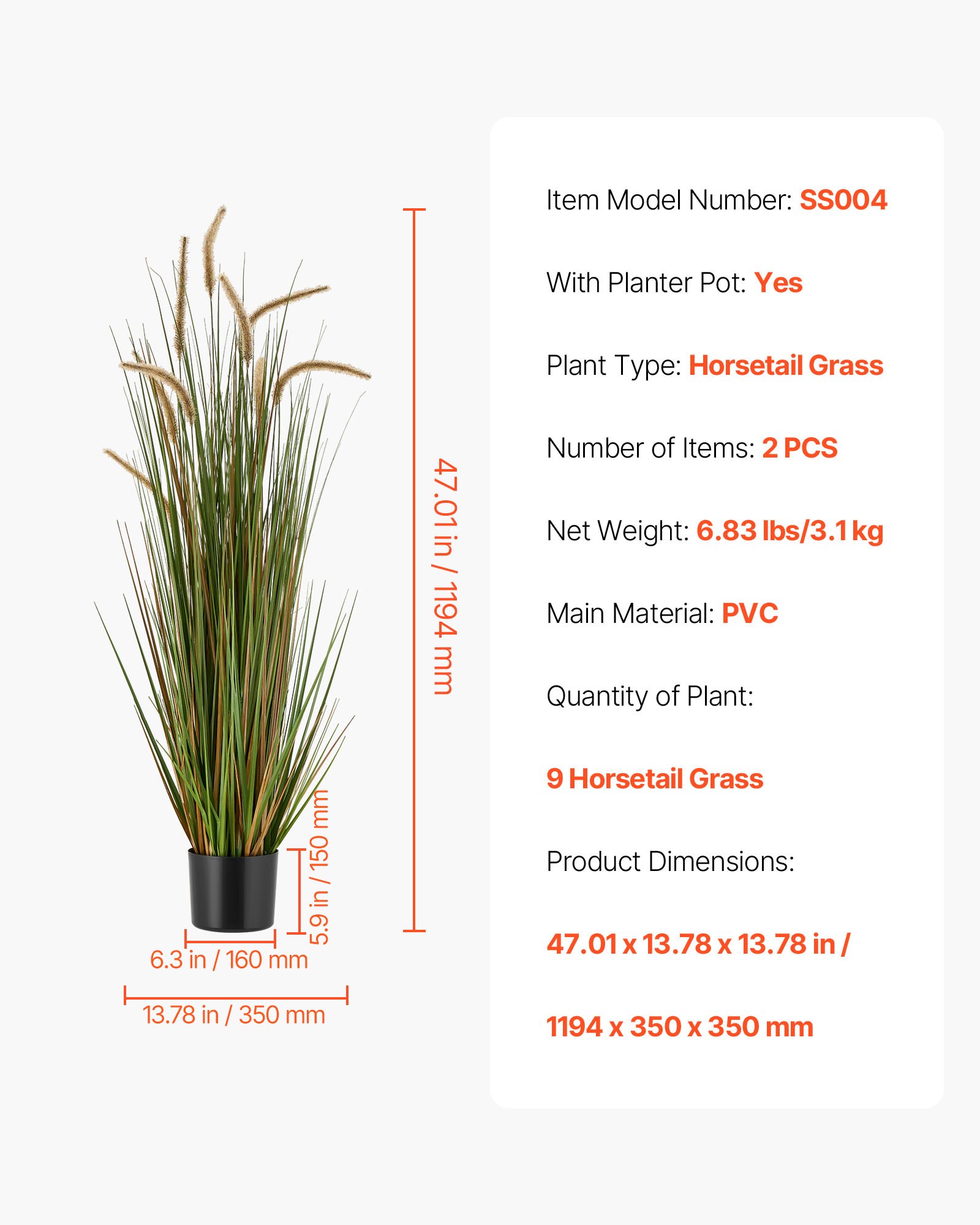 VEVOR Kunstgras Plant, 2-Pack 1194 mm Paardenstaart Rietgras in Pot, PVC Kunstplant, Kunstmatige Groene Planten, Struiken voor Huis, Tuin, Kantoor, Kamerdecoratie, Housewarming Party, Groen