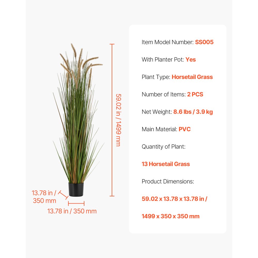 VEVOR Kunstgras Plant, 2-Pack 1499mm Paardenstaart Rietgras in Pot, Premium PVC Kunstplant, Groene Planten, Struiken voor Huis, Tuin, Kantoor, Kamerdecoratie, Housewarming Party, Groen