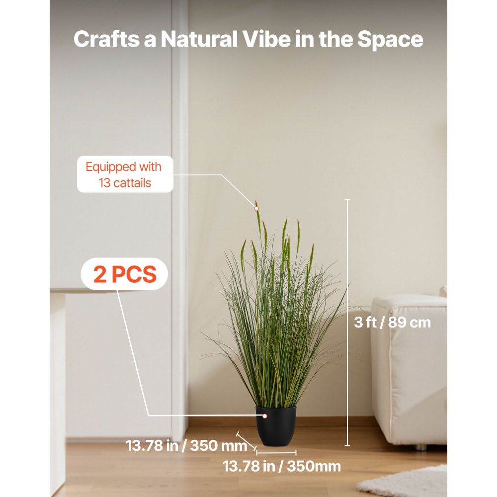 VEVOR Kunstgras Plant, 2-Pack 88,9 cm Lisdoddegras in Pot, Hoogwaardige PVC Kunstplant, Kunstmatige Groene Planten, Struiken voor Binnen en Buiten, Huis, Tuin, Kantoor, Kamerdecoratie, Housewarming Party, Groen