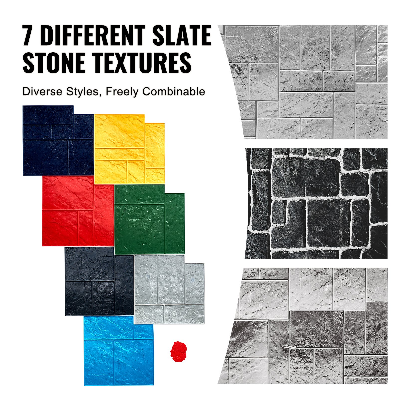 VEVOR Concrete Stamps Mat, 24 x 24 in, 7 pcsConcrete Texturing Skin Polyurethane Stamp Stone Tile Texture Mat, Slate floor Imprint Seamless Stamp Concrete Molds for Outdoor Decorative, Muti-color
