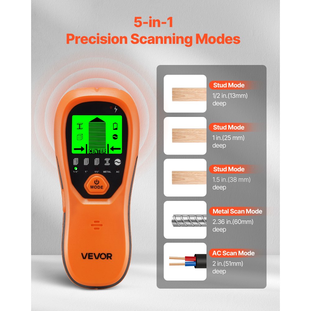 VEVOR Stud Finder, muurscanner, 5-in-1 elektronische multidetector met intelligente sensor, LCD-scherm met hoge resolutie en audio-alarm, voor metaal, AC-kabels, studs, buizen, oranje
