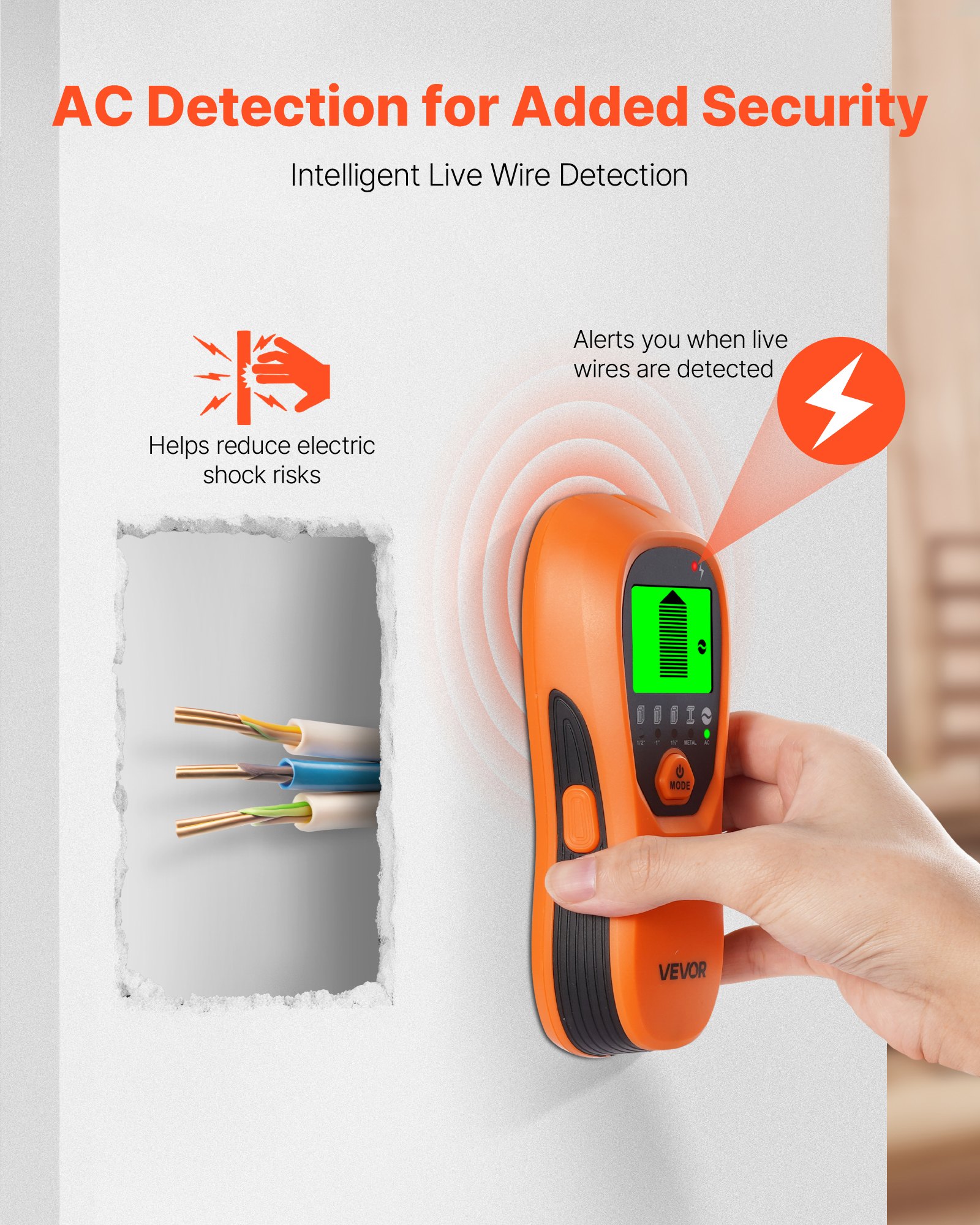 VEVOR Stud Finder, muurscanner, 5-in-1 elektronische multidetector met intelligente sensor, LCD-scherm met hoge resolutie en audio-alarm, voor metaal, AC-kabels, studs, buizen, oranje