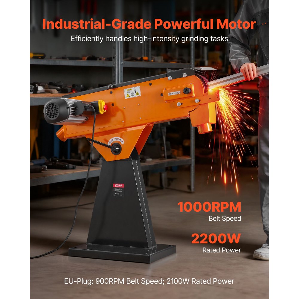 VEVOR bandschuurmachine 7,62 x 200,7 cm, 2100 W, 900 tpm, industriële kwaliteit, met instelbare hoek van 0° - 45° en stofafzuigaansluiting voor professionele hout- en metaalbewerking.