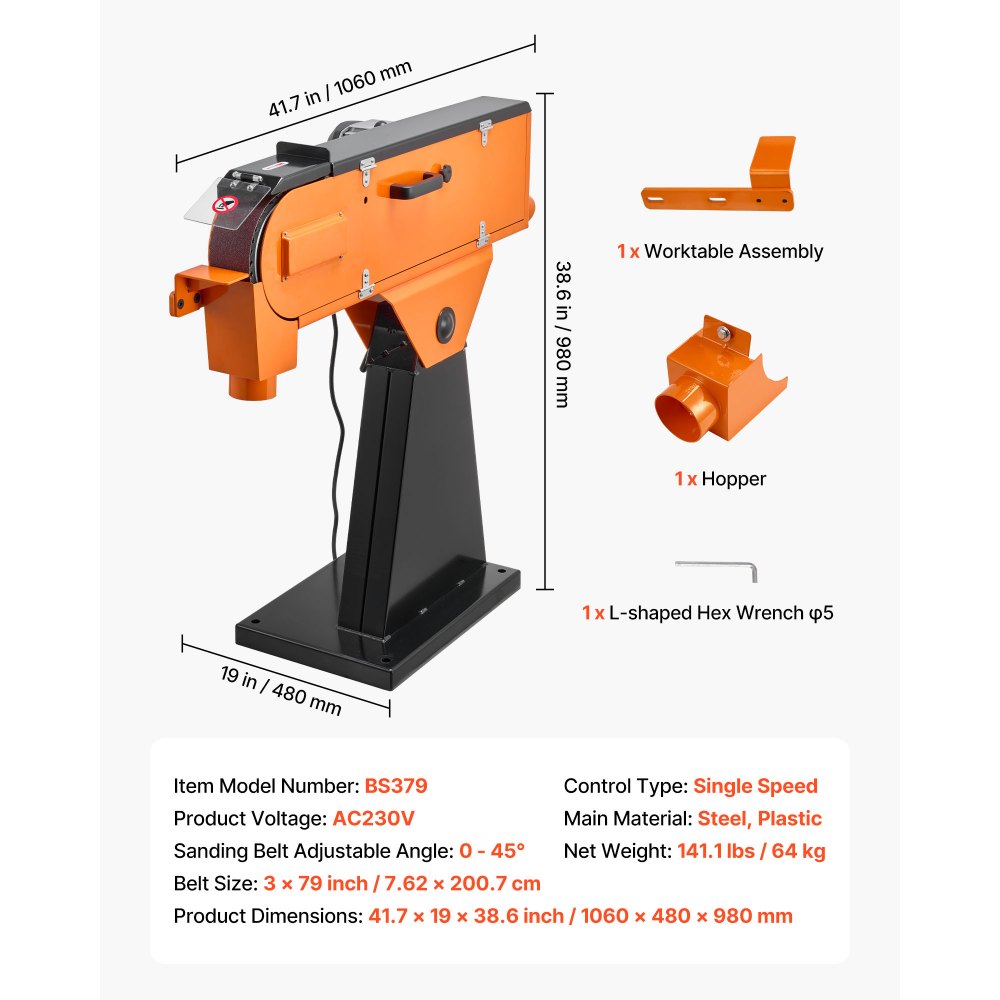 VEVOR bandschuurmachine 7,62 x 200,7 cm, 2100 W, 900 tpm, industriële kwaliteit, met instelbare hoek van 0° - 45° en stofafzuigaansluiting voor professionele hout- en metaalbewerking.